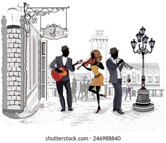 Series of the streets with people in the old city, musicians with a violin, a guitar, a  trumpet
