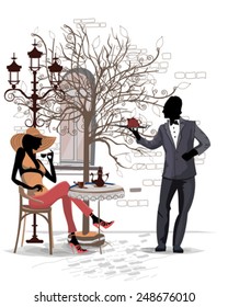 Series of the streets with people in the old city, fashion woman is drinking coffee, a waiter