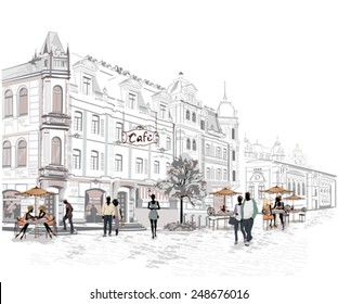 Series of the streets with people in the old city