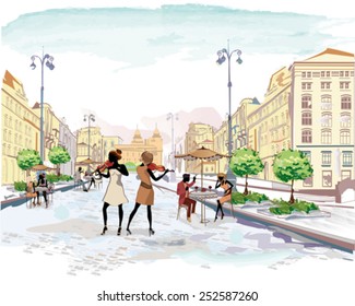 Series of the streets with people in the old city, musicians with violins, watercolor vector illustration