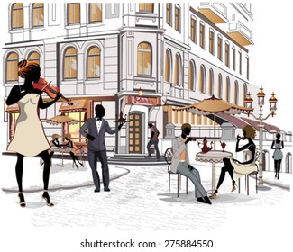 Series of the streets with people in the old city, musicians with violins
