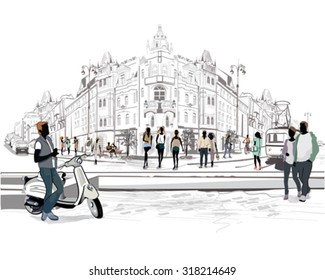 Series of the streets with people in the old city 