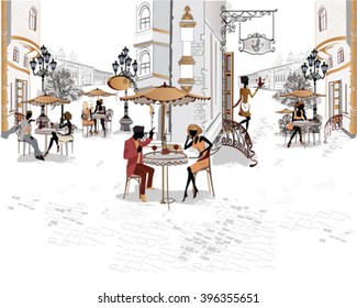 Series of the streets with people in the old city. Waiters serve the tables. Street cafe.