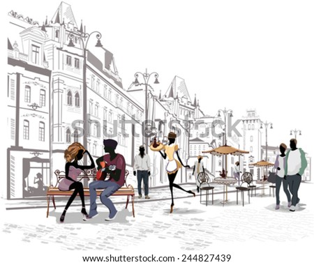 Series of the streets with people in the old city, romantic couple with a guitar sitting on the bench