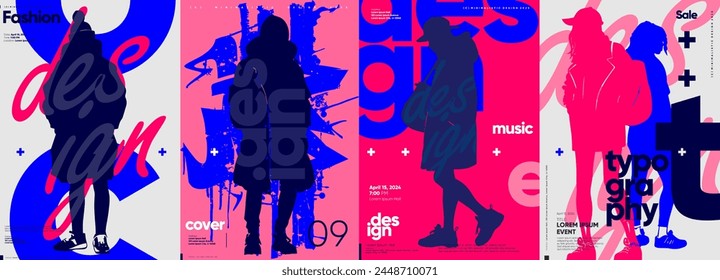 A series of striking vector posters merging fluid typography with youthful silhouettes in a bold, fashionable color palette.