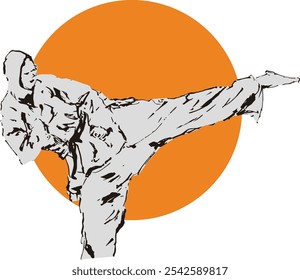 Uma série de impressionantes ilustrações de artes marciais com um lutador realizando um chute alto. Cada imagem apresenta um fundo único e vibrante, enfatizando o movimento e o poder.