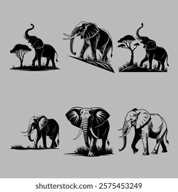 A series of stylized illustrations of elephants in various poses and settings on soft background