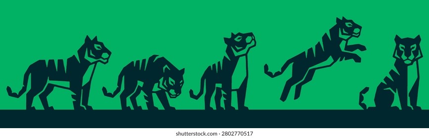 A series of stylized tiger silhouettes in various poses against a green background. The tigers are depicted in a graphic, angular style, showing movement from standing to crouching and jumping.