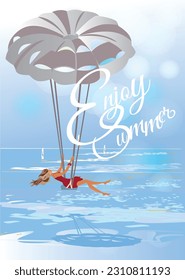Series of summer backgrounds with summer activities: girl paragliding over the sea waves. Fashion people on the beach. Hand drawn vector illustration.
