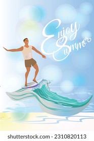 Series of summer backgrounds with summer activities: surfer on the ocean wave. Fashion people on the beach. Hand drawn vector illustration.