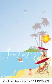 Series of summer backgrounds with blue sky and sea water, sun. People sunbathing on the beach. Hand drawn card illustration.