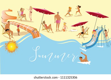 Series of summer backgrounds with blue sky and sea water, sun. People sunbathing on the beach. Hand drawn card illustration.