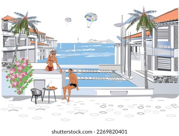 Series of summer backgrounds with people relaxing near the pool around the cozy buildings of the resort.Sandy beach with palm trees and flowers. Hand drawn vector illustration.