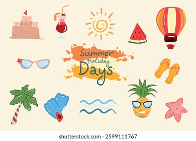 A series of summer drawings related to vacations, vacations and the sea
