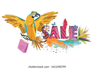 Series of Summer Sale banner with tropical leaves and animals. Hand drawn vector illustration.