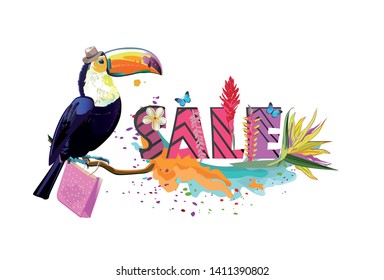 Series of Summer Sale banner with tropical leaves and animals. Hand drawn vector illustration.