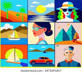 Series of summer travel posters featuring beautiful coastal scenes, vintage cars, and a stylish woman in sunglasses