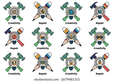 Uma série de símbolos que representam diferentes ferramentas e conceitos. Os símbolos incluem um martelo, uma chave de fenda, uma chave de fenda e um par de tesouras. A imagem é uma coleção destes símbolos