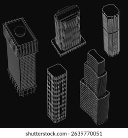 A series of tall buildings are shown in black and white. The buildings are all different shapes and sizes, with some being taller than others. Scene is one of urbanization and growth. Isometric view