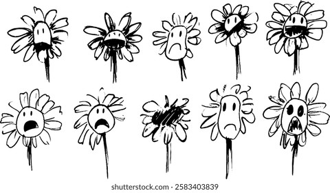 A series of ten cartoon-style flowers with varying facial expressions, including happy, sad, angry, and surprised. The flowers have simple, hand-drawn features and are arranged in two rows.