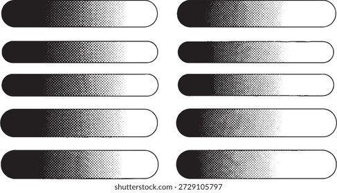 A series of ten horizontal bars, each illustrating a smooth grayscale gradient from a dark tone on the left to a light tone on the right, showcasing various levels of visual texture and pixelation.