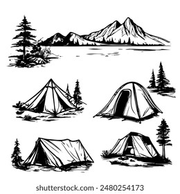 A series of tents are shown in a forest setting. The tents are of various sizes and shapes, with some being larger and more elaborate than others