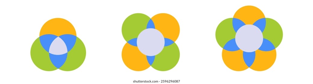 Series of three abstract geometric forms with overlapping circles in blue green and orange tones.