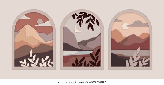 A series of three arched minimalist nature illustrations with serene mountain landscapes with moons, clouds and leaves in soft earthy tones on a beige background, cut out style