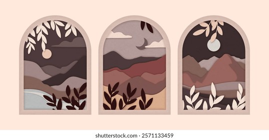 A series of three arched minimalist nature illustrations with serene mountain landscapes with moons, clouds and leaves in soft earthy tones on a beige background, cut out style