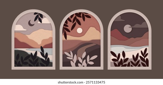 A series of three arched minimalist nature illustrations with serene mountain landscapes with moons, clouds and leaves in soft earthy tones on a brown background, cut out style