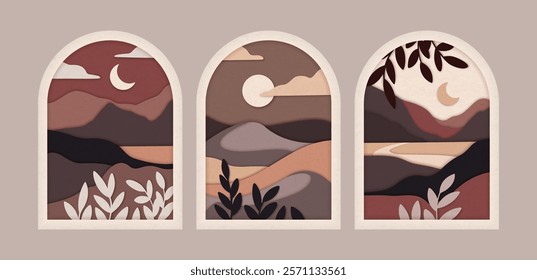 A series of three arched minimalist nature illustrations with serene mountain landscapes with moons, clouds and leaves in soft earthy tones on a warm grey background, cut out style