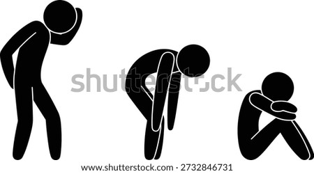 A series of three black stick figure icons depicting feelings of sadness, depression, and grief through distinct body postures.