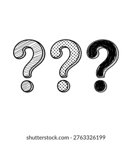 A series of three hand drawn question marks with different shading and dot patterns on white