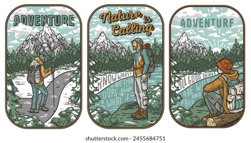 Series of three illustrated panels depicting outdoor adventure themes with mountain landscapes. Collection of t-shirt prints for travel, nature hiking and camp.