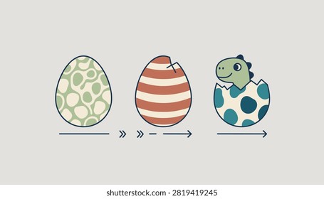 Series of three illustrations showing a dinosaur egg hatching process from a whole egg to a cute green baby dinosaur.
