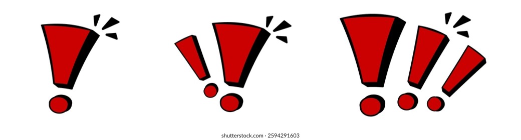 A series of three red exclamation marks in different sizes, showing dynamic movement.
