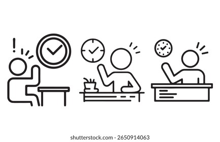 Una serie de tres simples dibujos de líneas negras que representan a personas interactuando con relojes. El estilo de silueta minimalista enfatiza los conceptos de gestión del tiempo, plazos y puntualidad de una manera clara