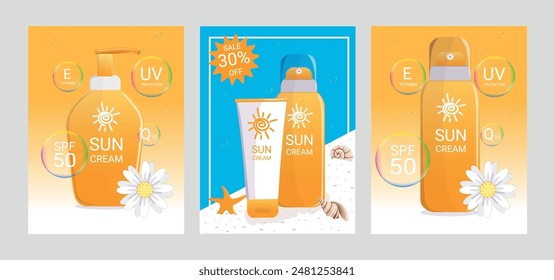 A series of three vivid graphic images showing a variety of bottles of sunscreens. Protective factors such as SPF are prominently displayed, which emphasize the effectiveness of anti-UV products.