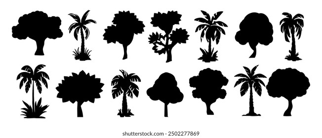 A series of tree silhouettes are shown in black and white. The trees are of various sizes and shapes, with some appearing to be tall and slender, while others are short and stout