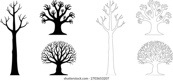 Serie de árboles con diferentes Formas y tamaños. Los árboles son todos blancos y negros