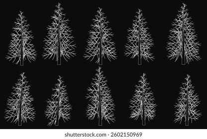 A series of trees are drawn in black and white. The trees are all the same size and shape, and they are all standing upright. The trees are arranged in a row, with the first tree on the left