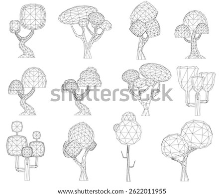 A series of trees are drawn in black and white. The trees are of various sizes and shapes, with some being tall and thin, while others are short and stout. The trees are arranged in a grid pattern
