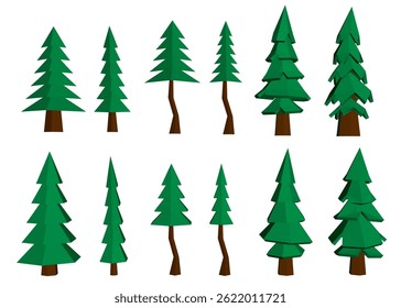 Una serie de árboles se muestran en varios tamaños y posiciones. Los árboles son todos verdes y tienen troncos marrones. Concepto de naturaleza y tranquilidad, ya que los árboles se representan en un entorno tranquilo