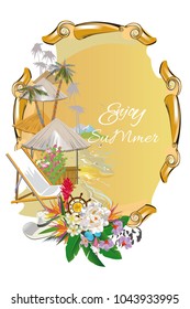 Series of tropical backgrounds. Background with a sandy beach with palm trees and flowers. 