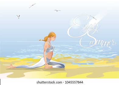 Series of tropical backgrounds. Background with a sandy beach with palm trees and flowers. Girl doing yoga.
