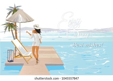 Series of tropical backgrounds. Background with a sandy beach with palm trees and flowers. Gril doing yoga.