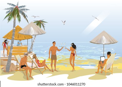 Series of tropical backgrounds. Background with a sandy beach with palm trees and flowers. Fashion people.