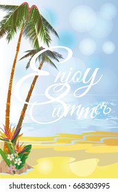 Series of tropical backgrounds. Background with a sandy beach with palm trees and flowers. 