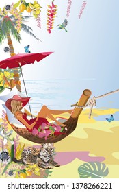Series of tropical backgrounds with a fashion girl in a hammock. Sandy beach with palm trees and flowers. 
