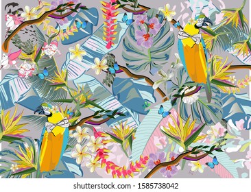 Series of tropical floral  backgrounds with colorful exotic birds, jungle  leaves, flowers. Hand drawn seamless vector illustration.
